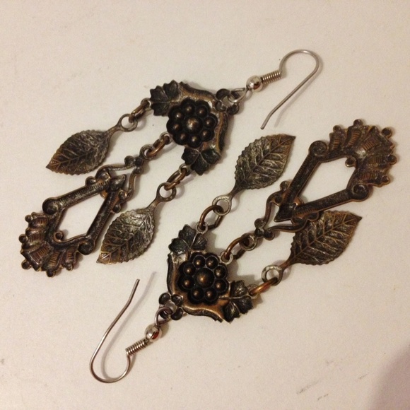 Chandelier Amber Rhinestone Earrings Mixed Metal Flower Leaf Pierced Dangle - Picture 6 of 6